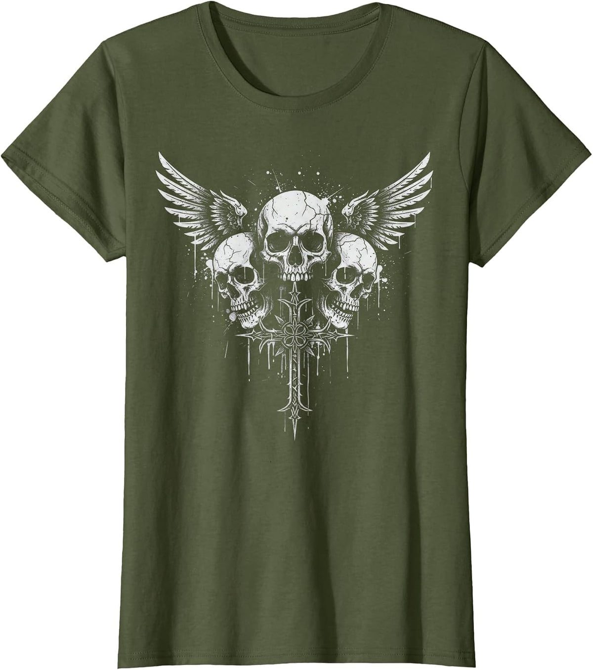 Skull Cross Y2K Grunge Aesthetic Alt Goth Gothic Emo T-Shirt - Olive Green
