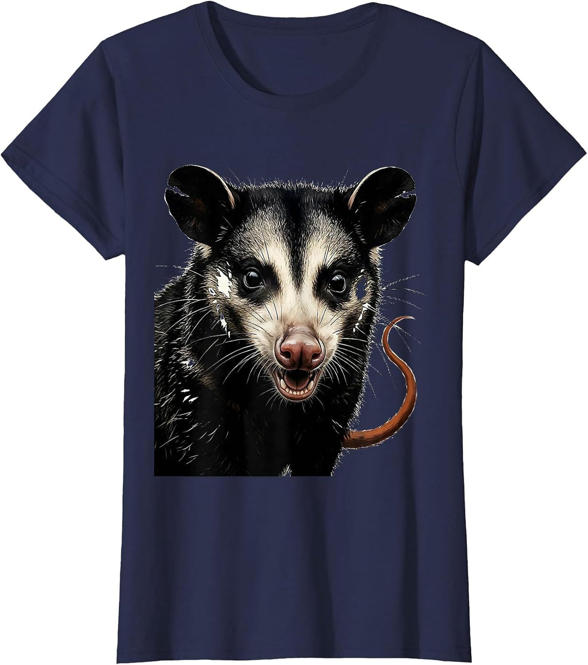 Women's Oversized Opossum Linocut Funny Animal Meme T-Shirt - Navy Blue
