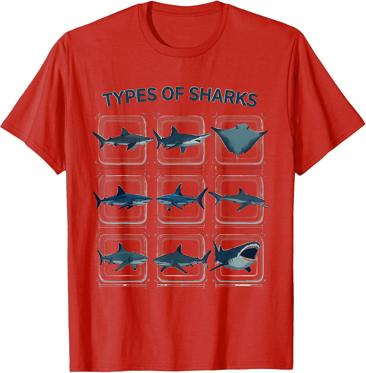 Men's Types Of Sharks Flat Vector Marine Biology Ocean Wildlife T-Shirt - Red