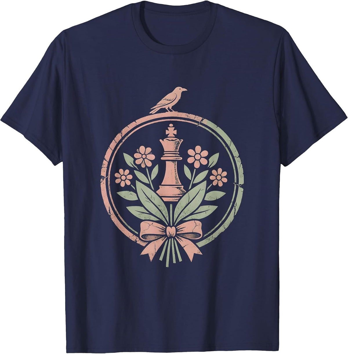 Grandma vs Crow Chess Match Illustration T-Shirt - Navy Blue