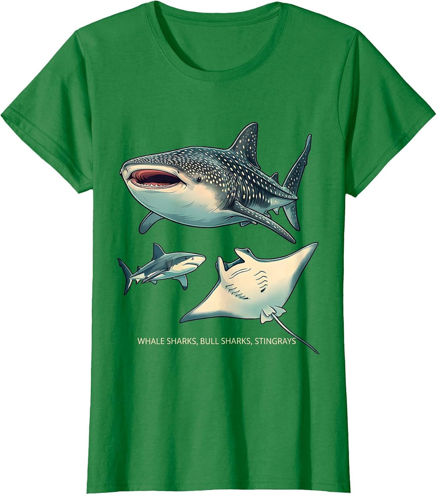 Women's Whale Sharks Bull Sharks Stingrays Funny Shark Lover Ocean T-Shirt - Kelly Green