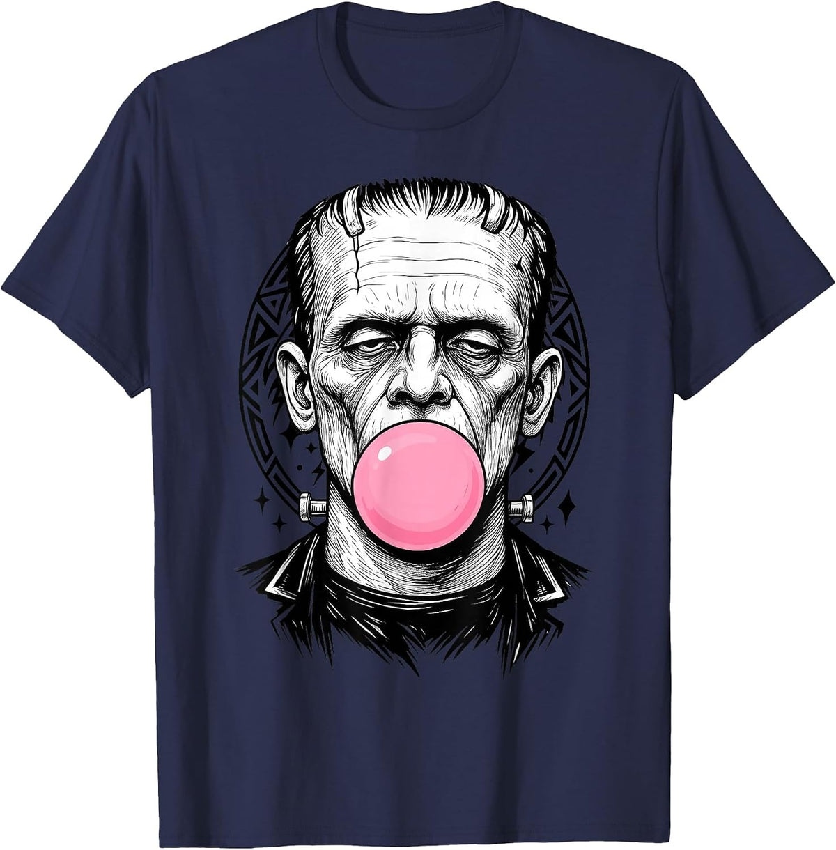 Frankenstein Monster Bubble Gum Funny Vintage Halloween T-Shirt - Navy Blue
