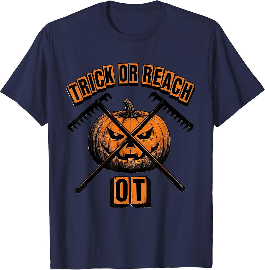 Trick Or Reach OT Physical Therapy Halloween Therapist Humor T-Shirt - Navy Blue