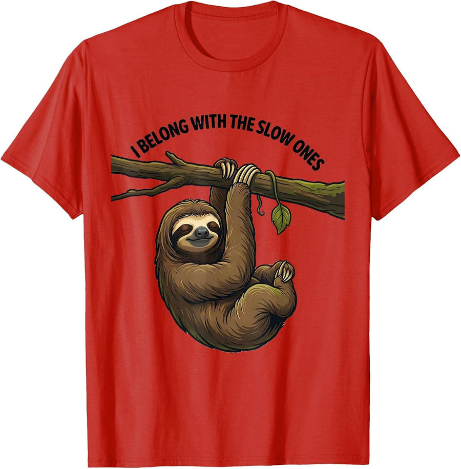 Men's I Belong With The Slow Ones Funny Sloth Lover Animal Humor T-Shirt - Red