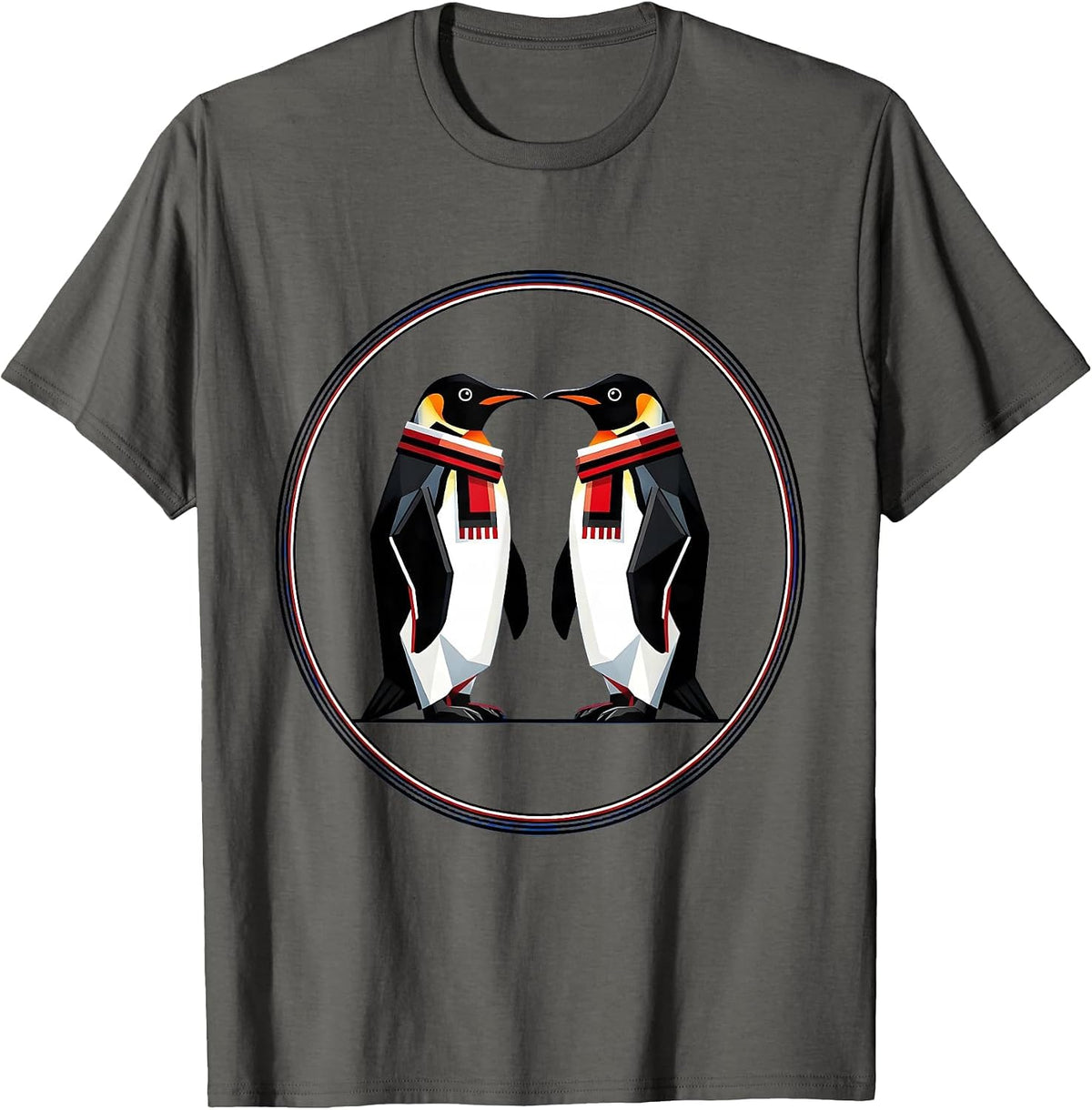 Twin Day Matching Penguins Scarf Illustration T-Shirt - Asphalt Grey