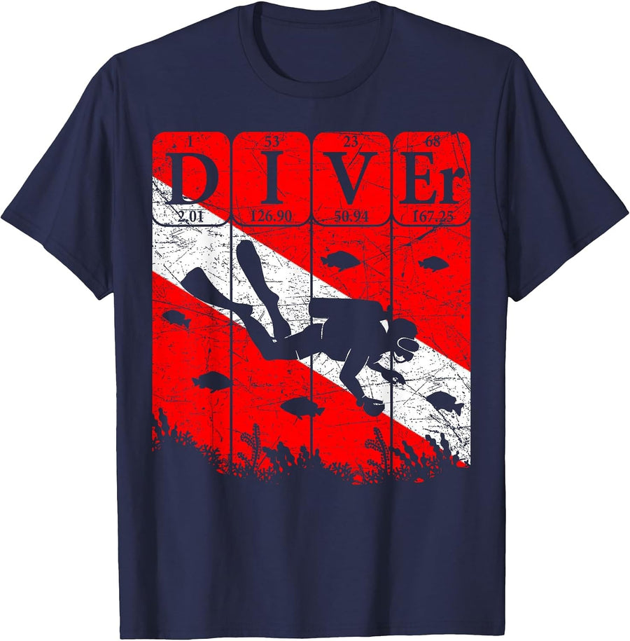 Scuba Diver Periodic Table Elements Scuba Diving Flag Retro T-Shirt - Navy Blue