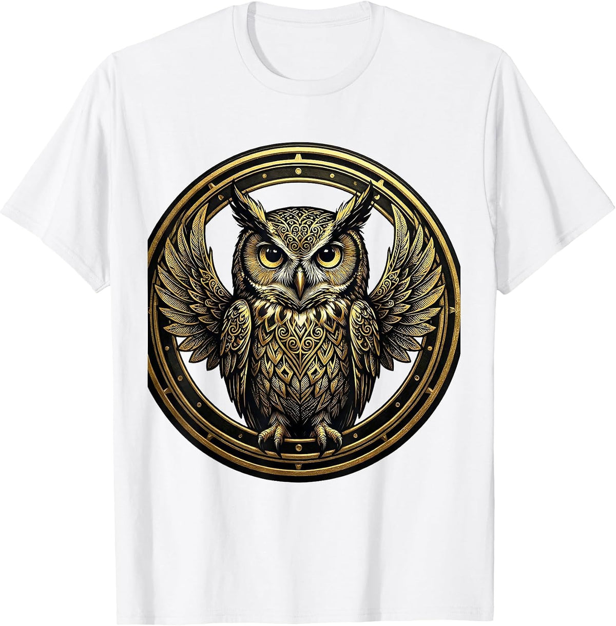 Men's Black Owl Gold Filigree Art Design T-Shirt - White