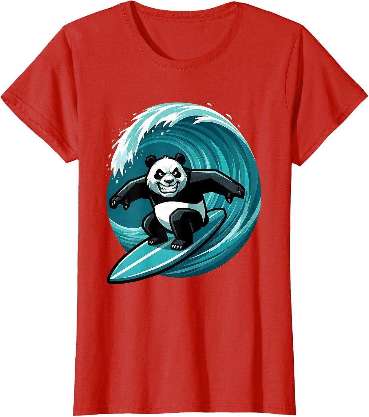 Women's Panda Surfer Riding Giant Ocean Wave T-Shirt - Red