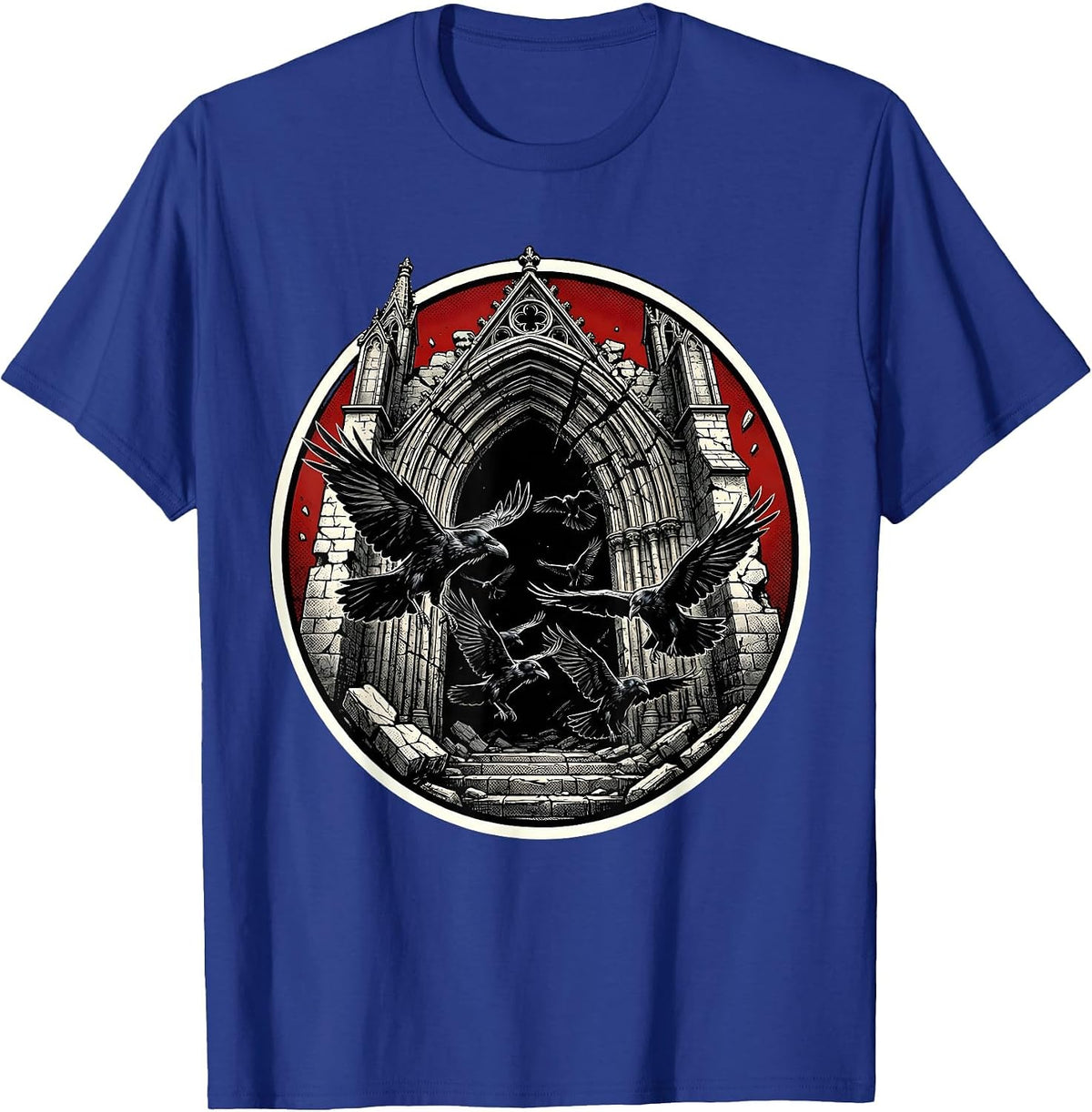 Crumbling Cathedral Ravens Heavy Metal Gothic Design T-Shirt - Royal Blue