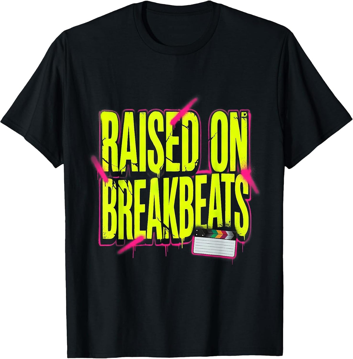 Men's Raised On Breakbeats Graffiti 90s Hip-Hop Rap Lyric T-Shirt - Black