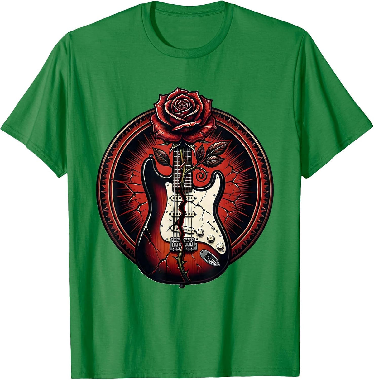 Men's Rose Growing Through Cracked Electric Guitar Art T-Shirt - Kelly Green