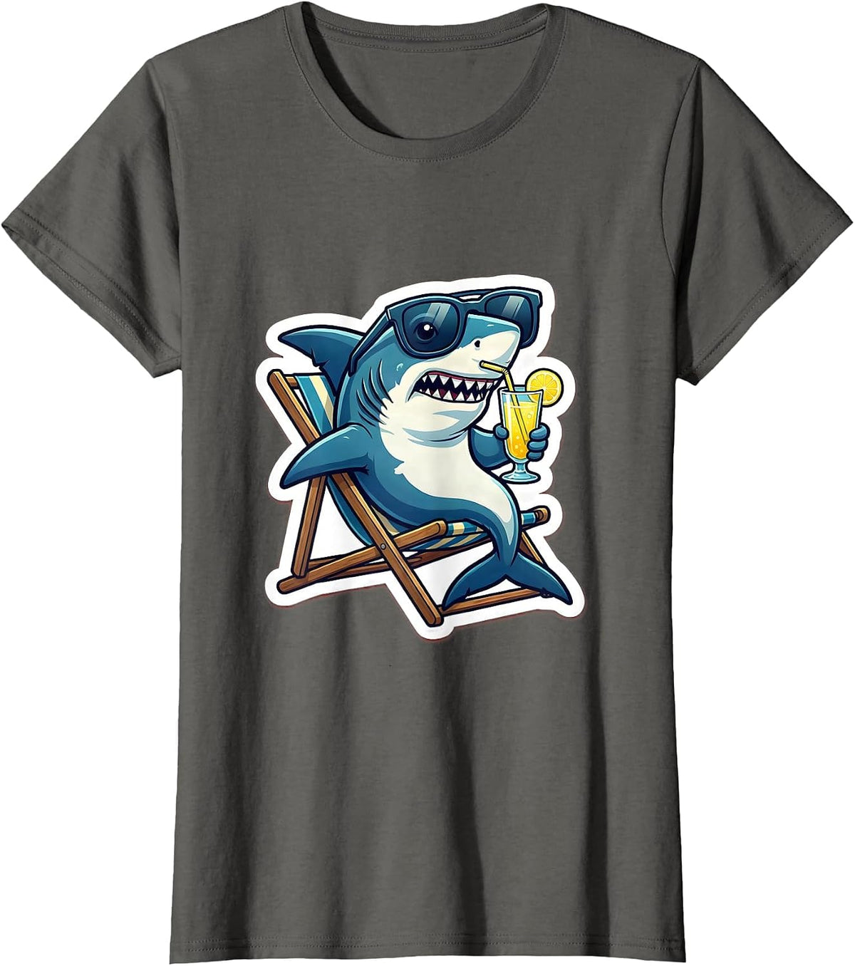 Women's Daddy Shark Relaxing in Lawn Chair with Lemonade T-Shirt - Asphalt Grey