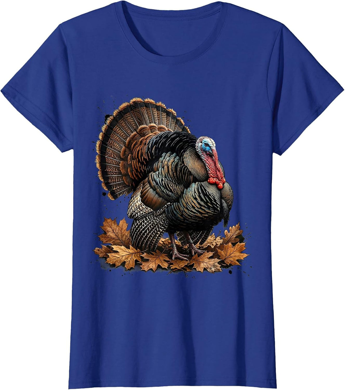 Women's Turkey Strutting Through Autumn Leaves Hunting T-Shirt - Royal Blue