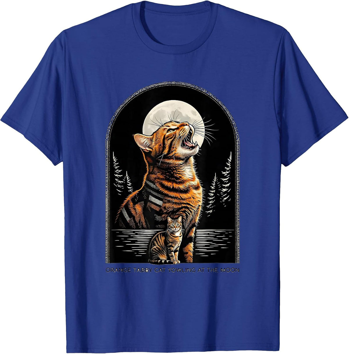Orange Tabby Cat Yowling at the Moon 90's Retro Nature Art T-Shirt - Royal Blue