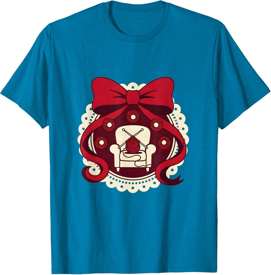 Grandma Knitting Yarn Balls Cozy Illustration T-Shirt - Sapphire Blue