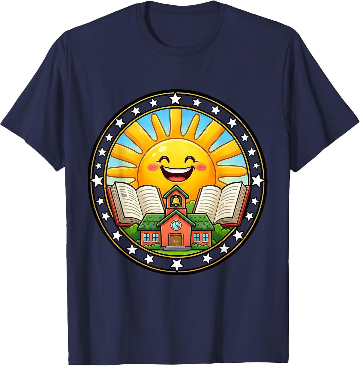 Cheerful Sunrise Over a Learning Classroom T-Shirt - Navy Blue