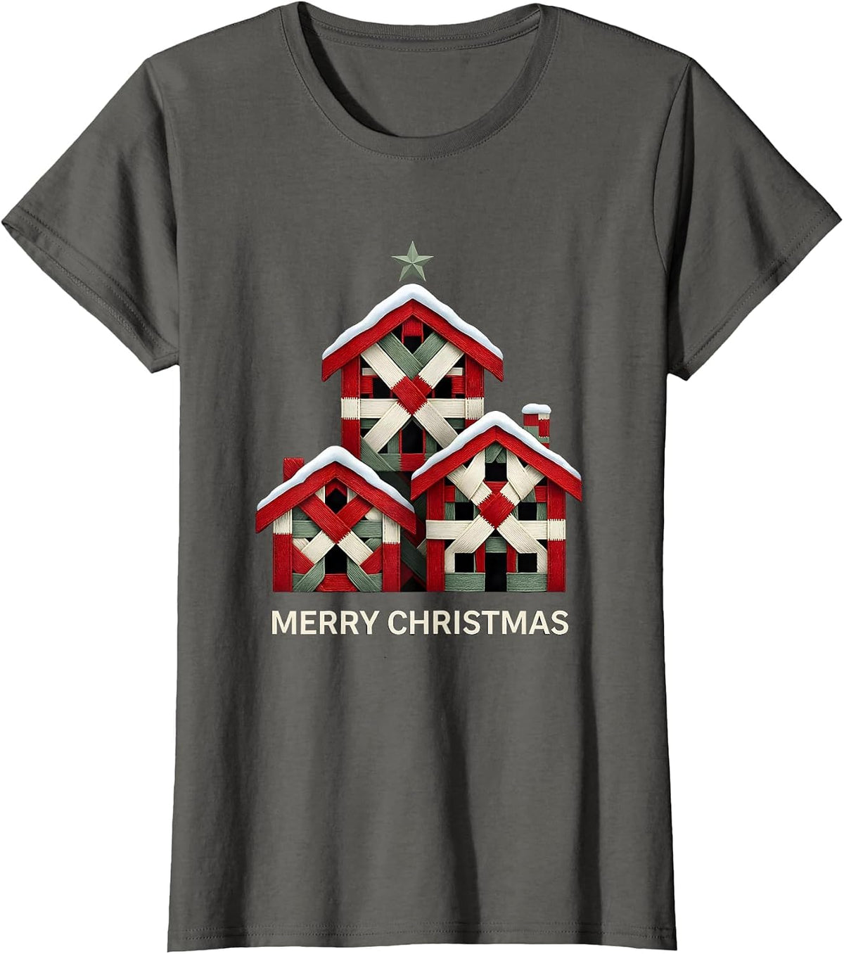 Women's Merry Christmas Geometric Buffalo Plaid Family Matching T-Shirt - Asphalt Grey