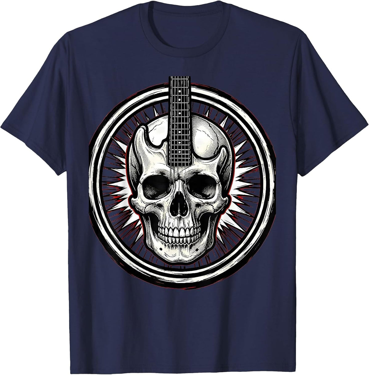 Skull Guitar Body Rock Art Graphic Design T-Shirt - Navy Blue