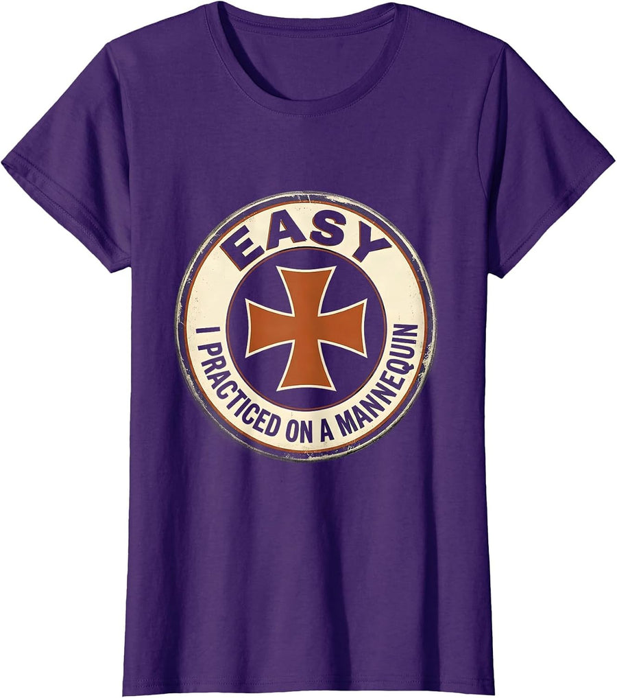 Women's Easy I Practiced On A Mannequin Vintage EMT Paramedic Humor T-Shirt - Purple
