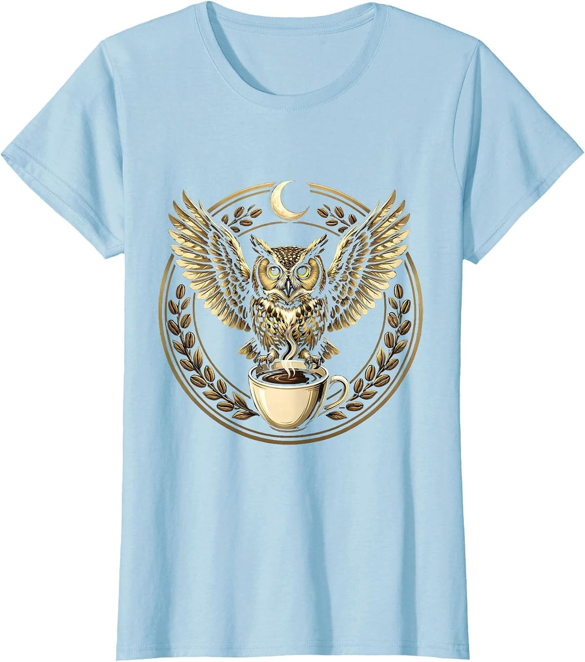 Women's Midnight Owl Perched on Coffee Cup Illustration T-Shirt - Baby Blue