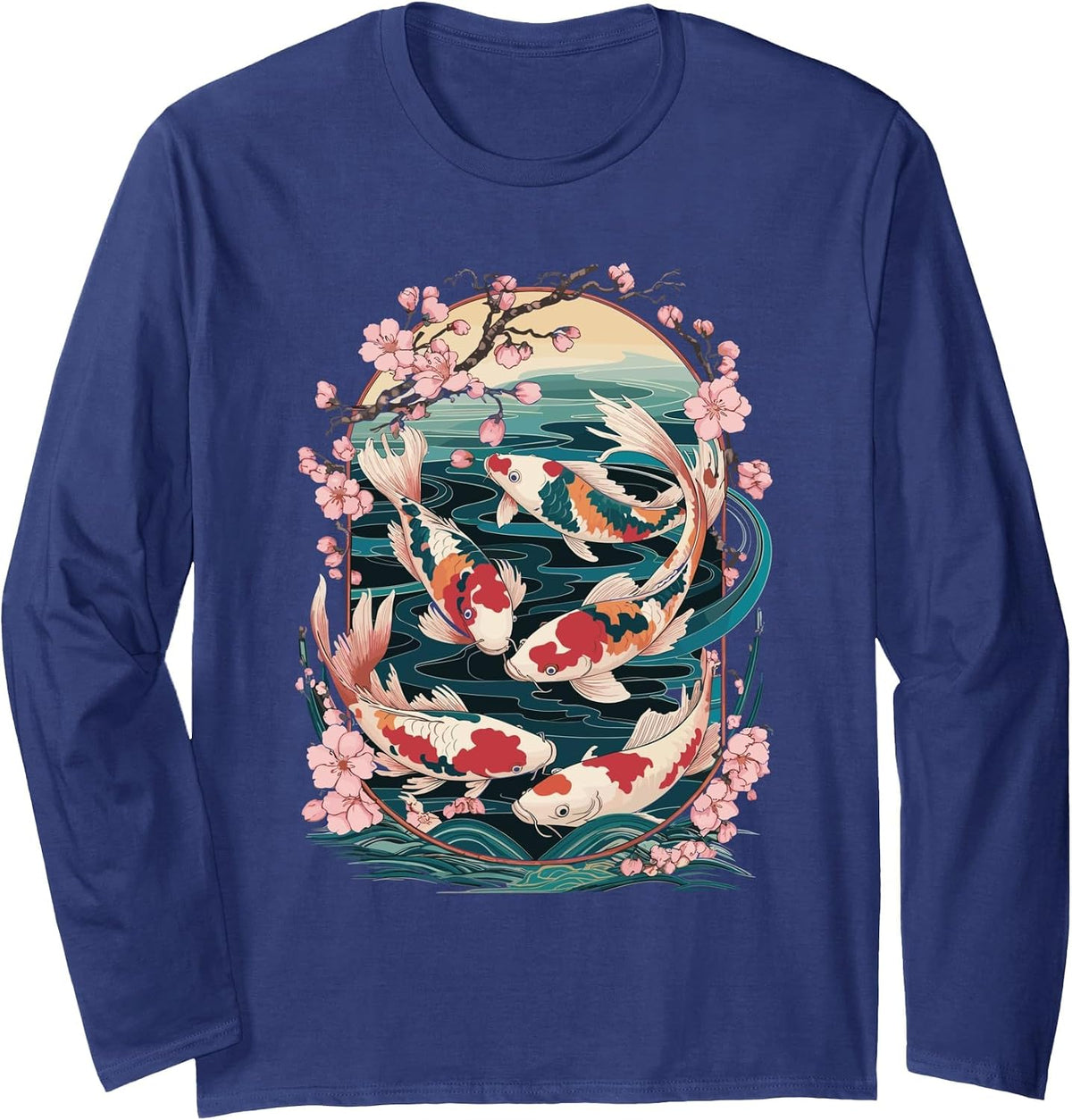 Japanese Koi Fish Long Sleeve T-Shirt - Adult Unisex Navy Blue