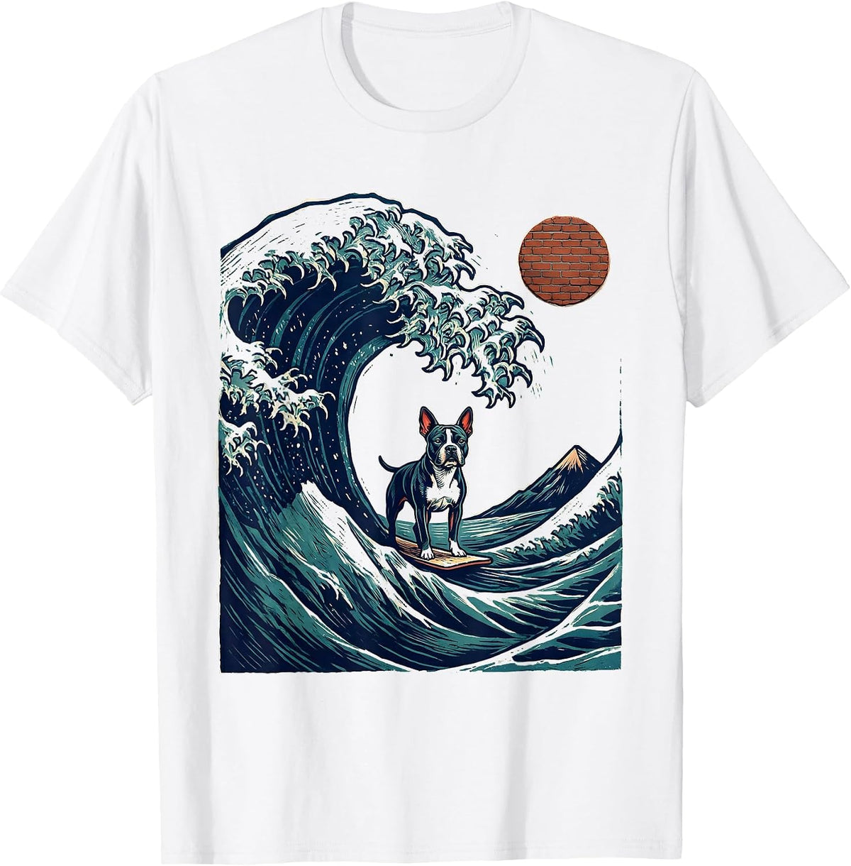 Men's American Staffordshire Terrier Japanese Great Wave Surfing T-Shirt - White