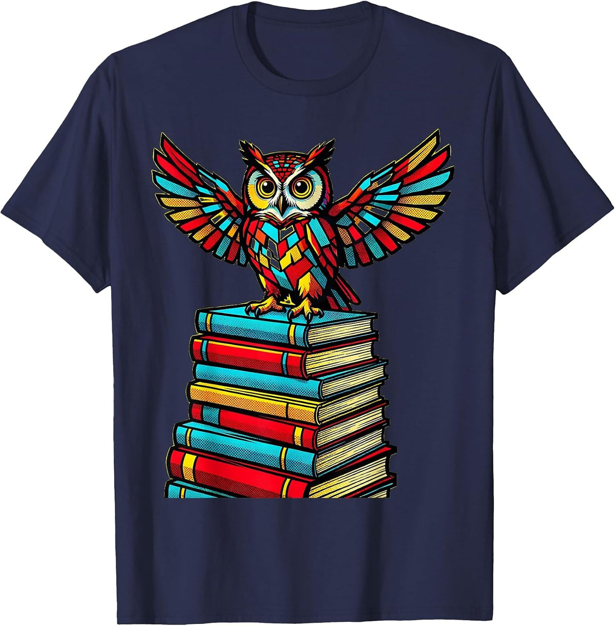 Men's Wise Owl on Stacked Textbooks Teacher Gift T-Shirt - Navy Blue