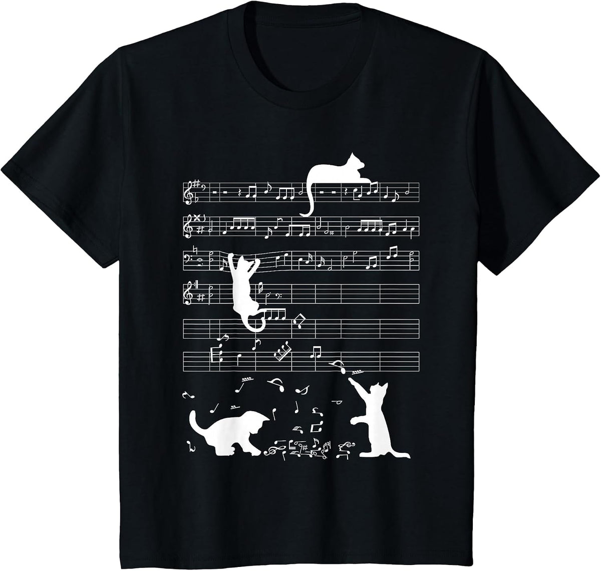 Cute Cat Kitty Playing Music Clef Piano Musician Art T-Shirt - Black