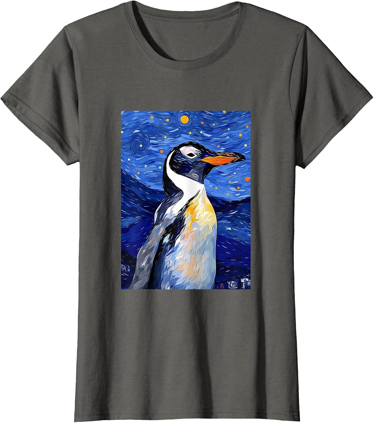 Gentoo Penguin Starry Night Painting Men Women Kids T-Shirt - Asphalt Grey