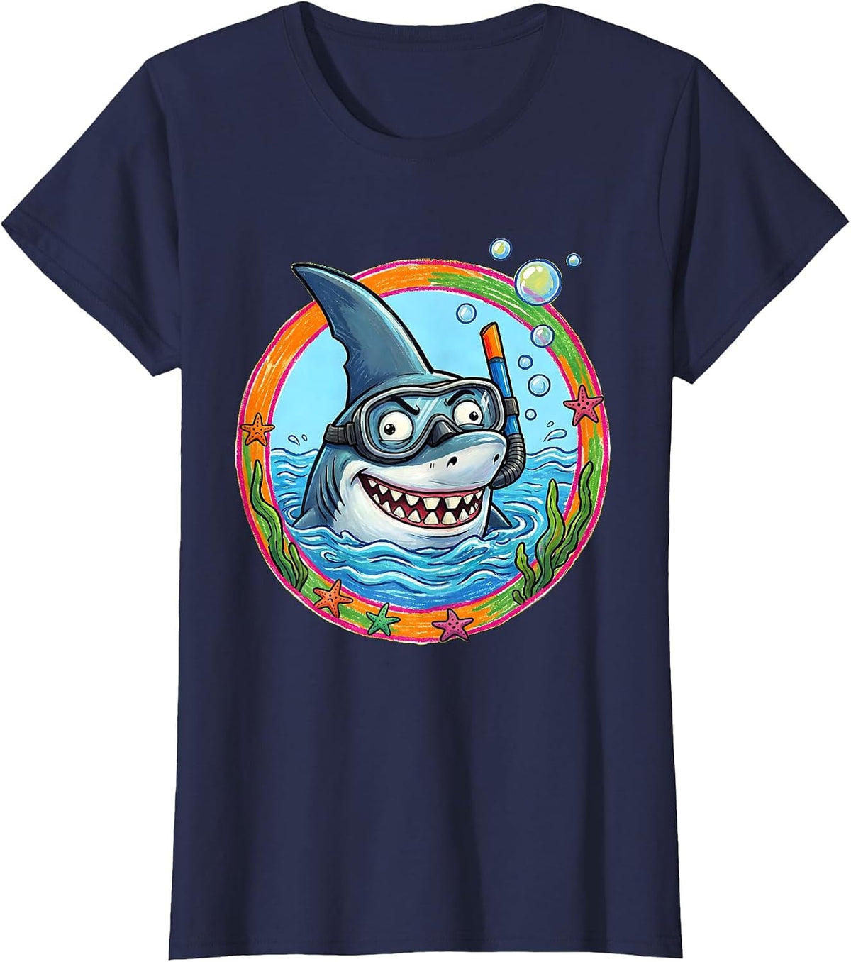 Women's Derpy Shark in Snorkel Underwater Funny Design T-Shirt - Navy Blue