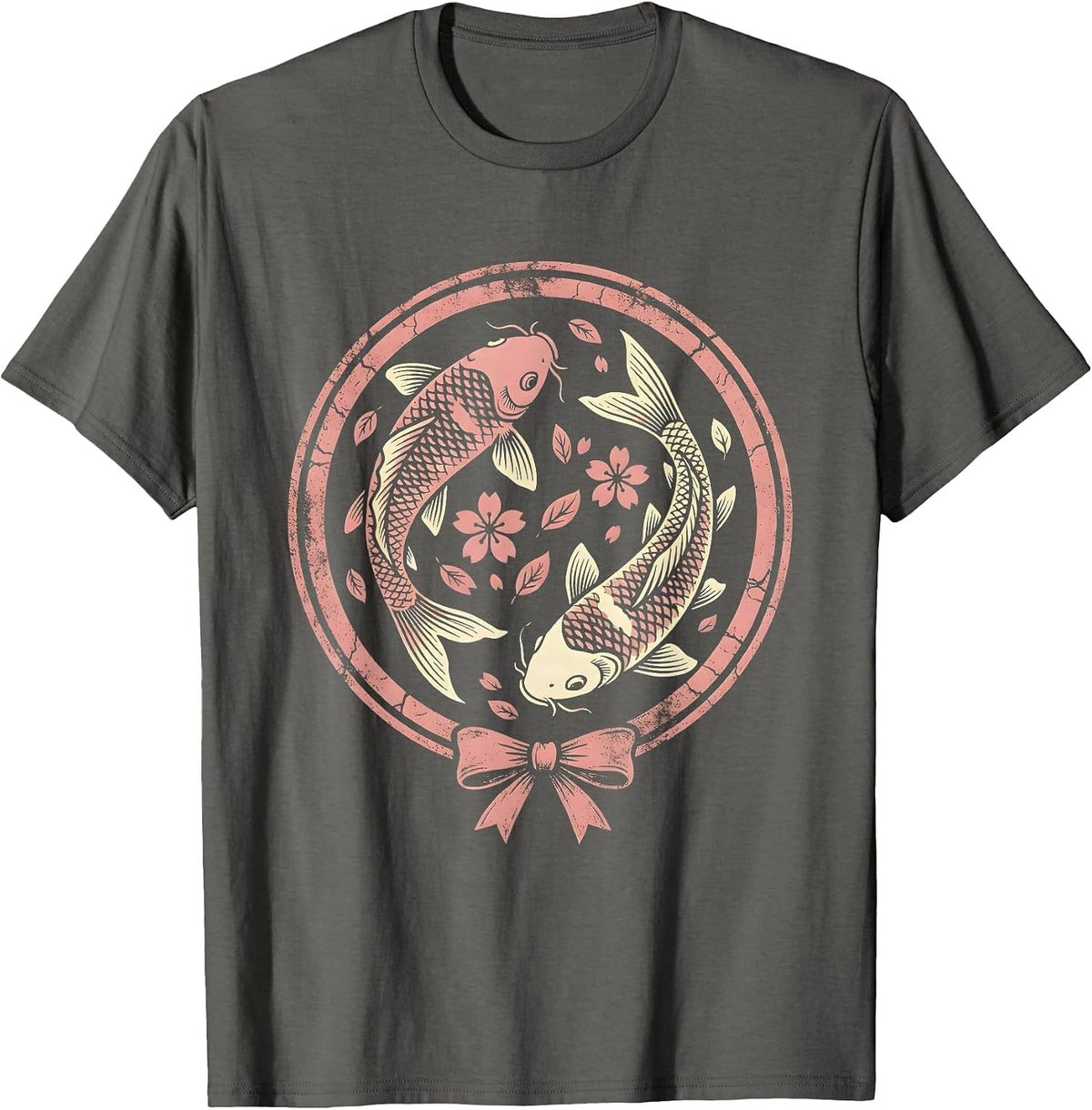 Koi Fish Pink Cherry Blossom Breast Cancer Awareness T-Shirt - Asphalt Grey