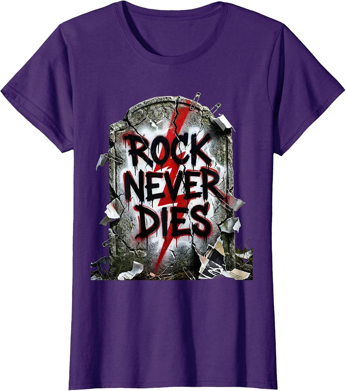 Women's Rock Never Dies Bold Graphic Music Design T-Shirt - Purple