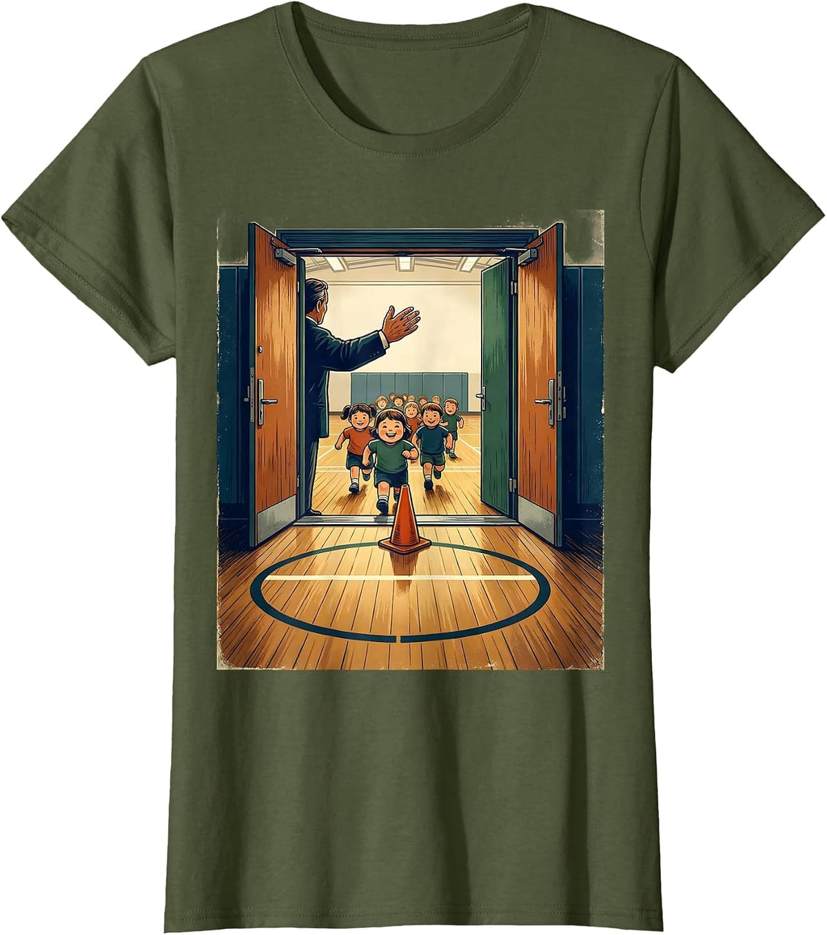 Women's Vintage Gym Doorway PE Teacher Back To School T-Shirt - Olive Green