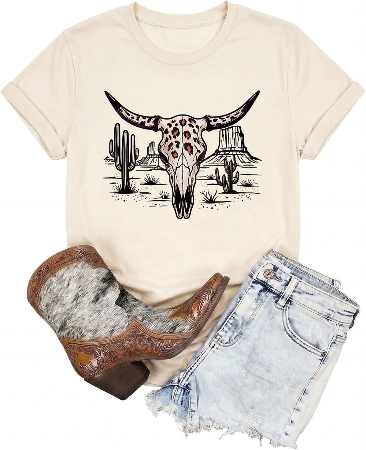 Western Shirts for Women Cowgirl Shirts Country Tops Rodeo Graphic Tees - Beige