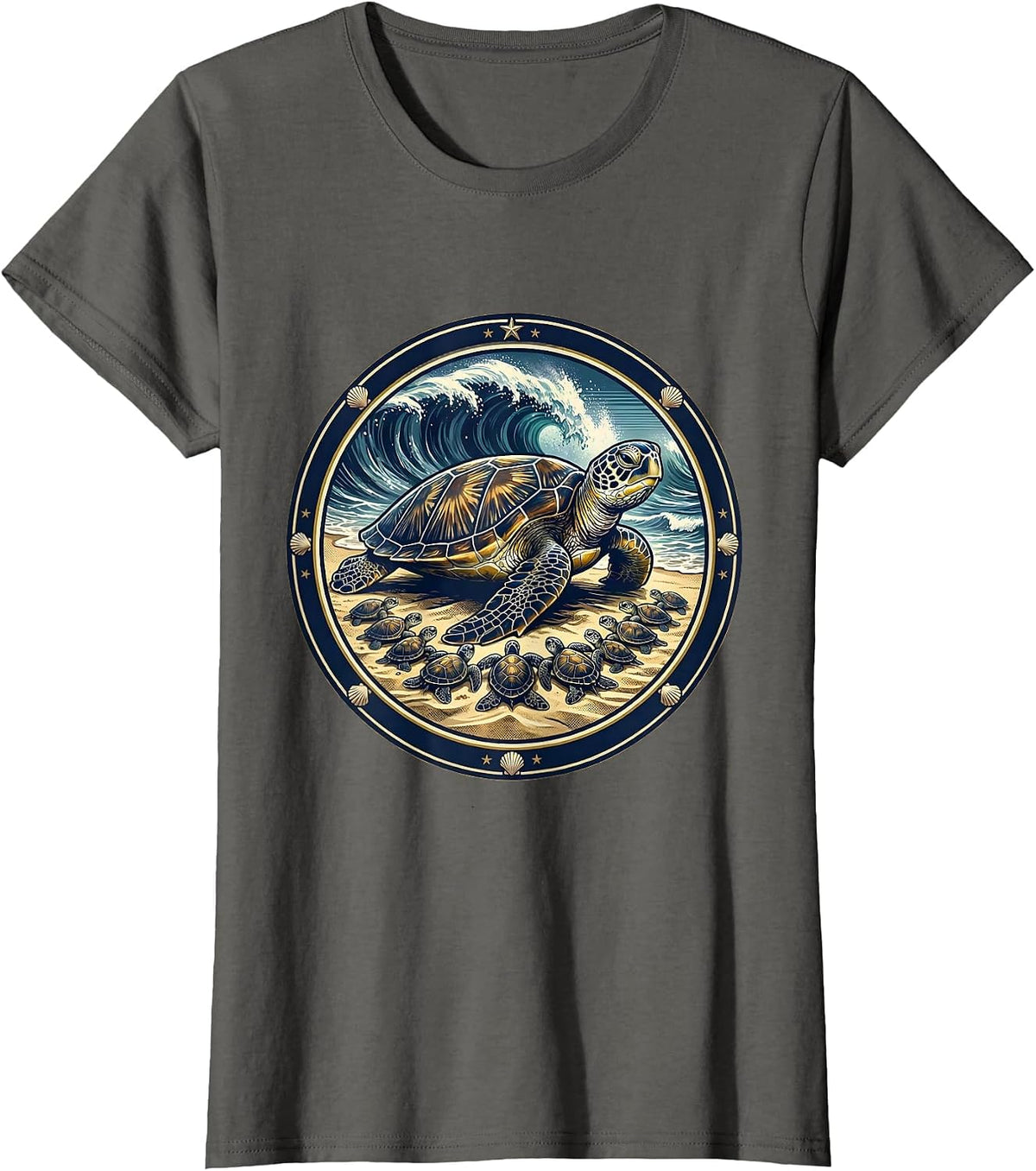 Women's Mama Turtle With Hatchlings on Beach Graphic T-Shirt - Asphalt Grey