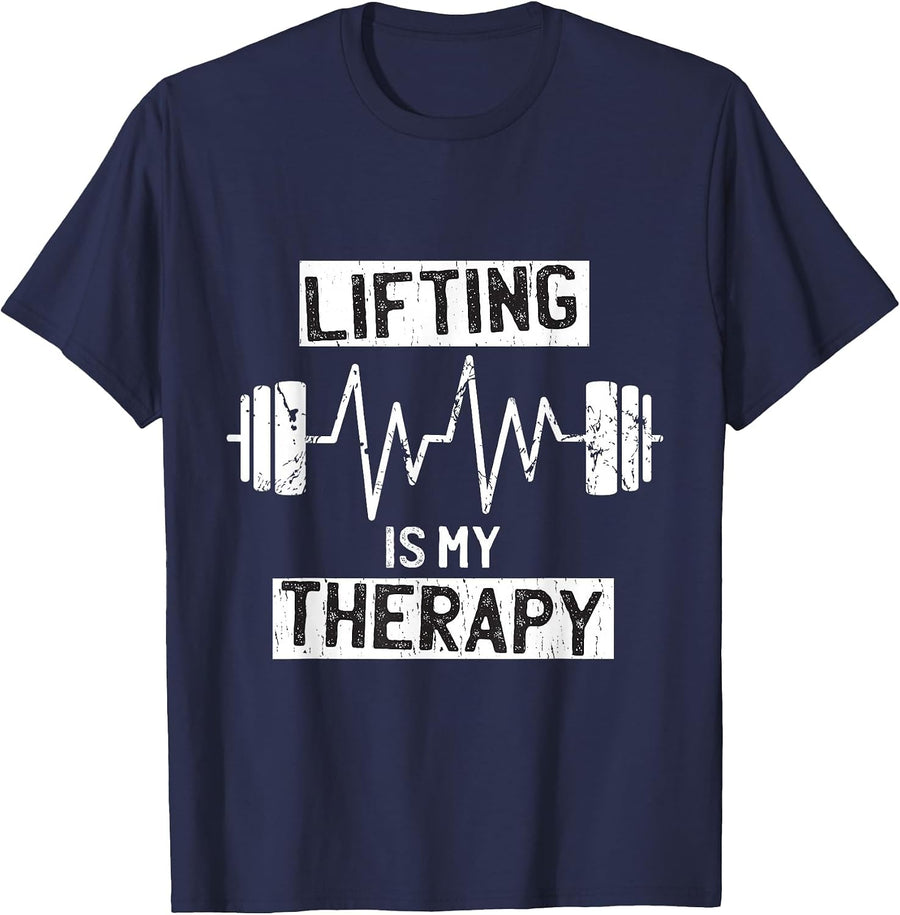 Lifting Therapy Funny Weightlifting Gym T-Shirt - Navy Blue