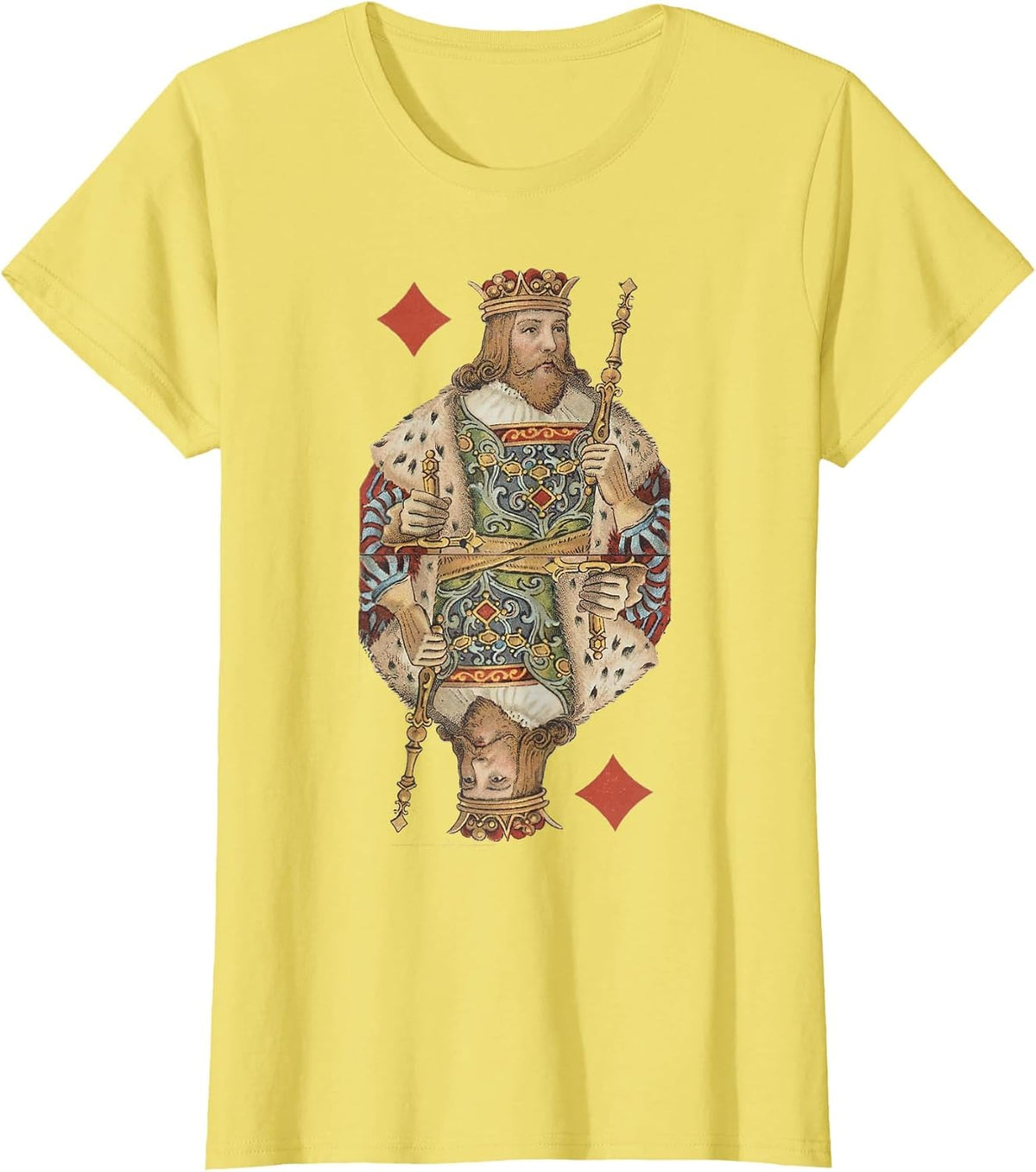 King of Diamonds Antique Art Nouveau Playing Card Art T-Shirt, Women, Lemon Yellow, X-Large - As Pictured