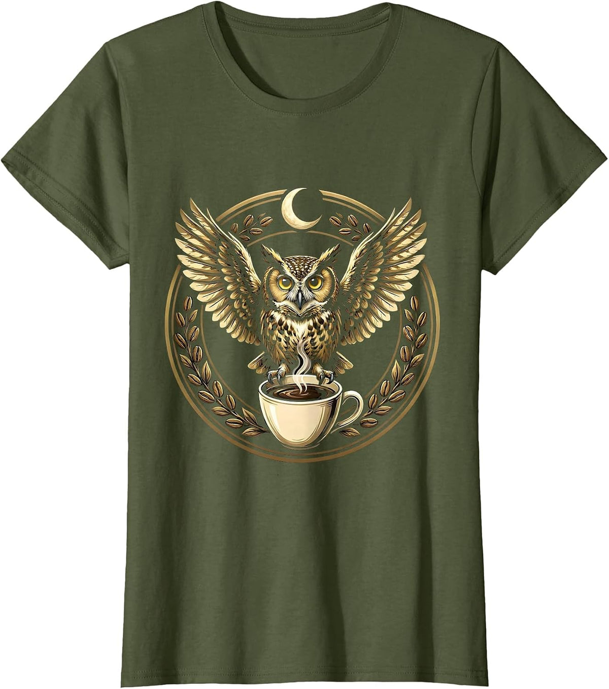 Women's Midnight Owl Perched on Coffee Cup Illustration T-Shirt - Olive Green