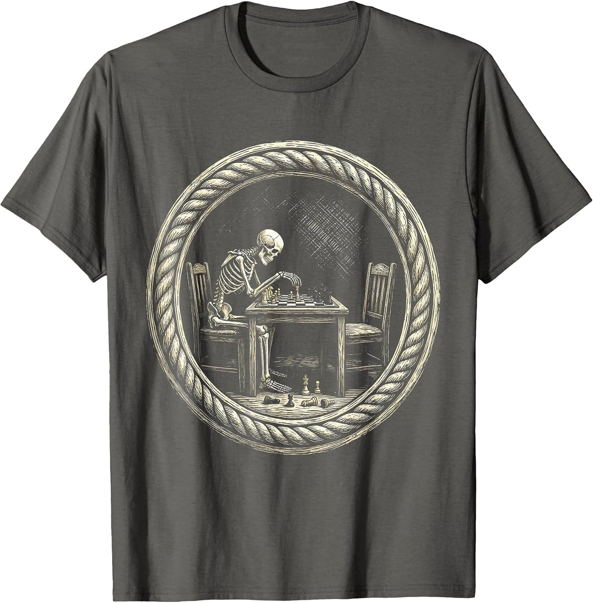Skeleton Chess Player Waiting Opponent Funny Art T-Shirt - Asphalt Grey