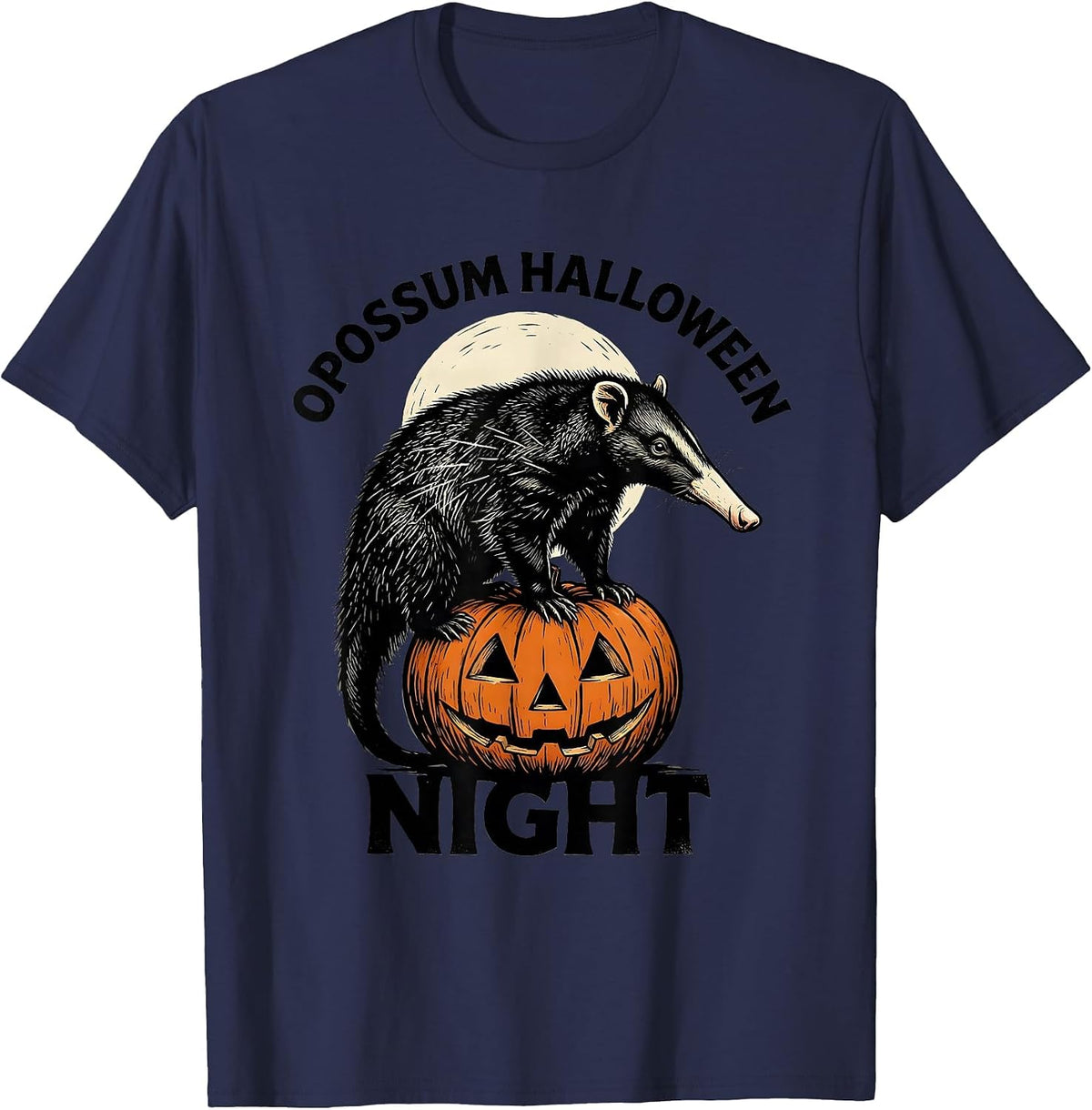 Opossum Halloween Night Linocut Spooky Moon Novelty T-Shirt - Navy Blue
