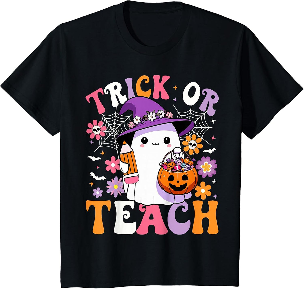 Trick Or Teach Groovy Teacher Ghost Funny Halloween Teacher T-Shirt - Black