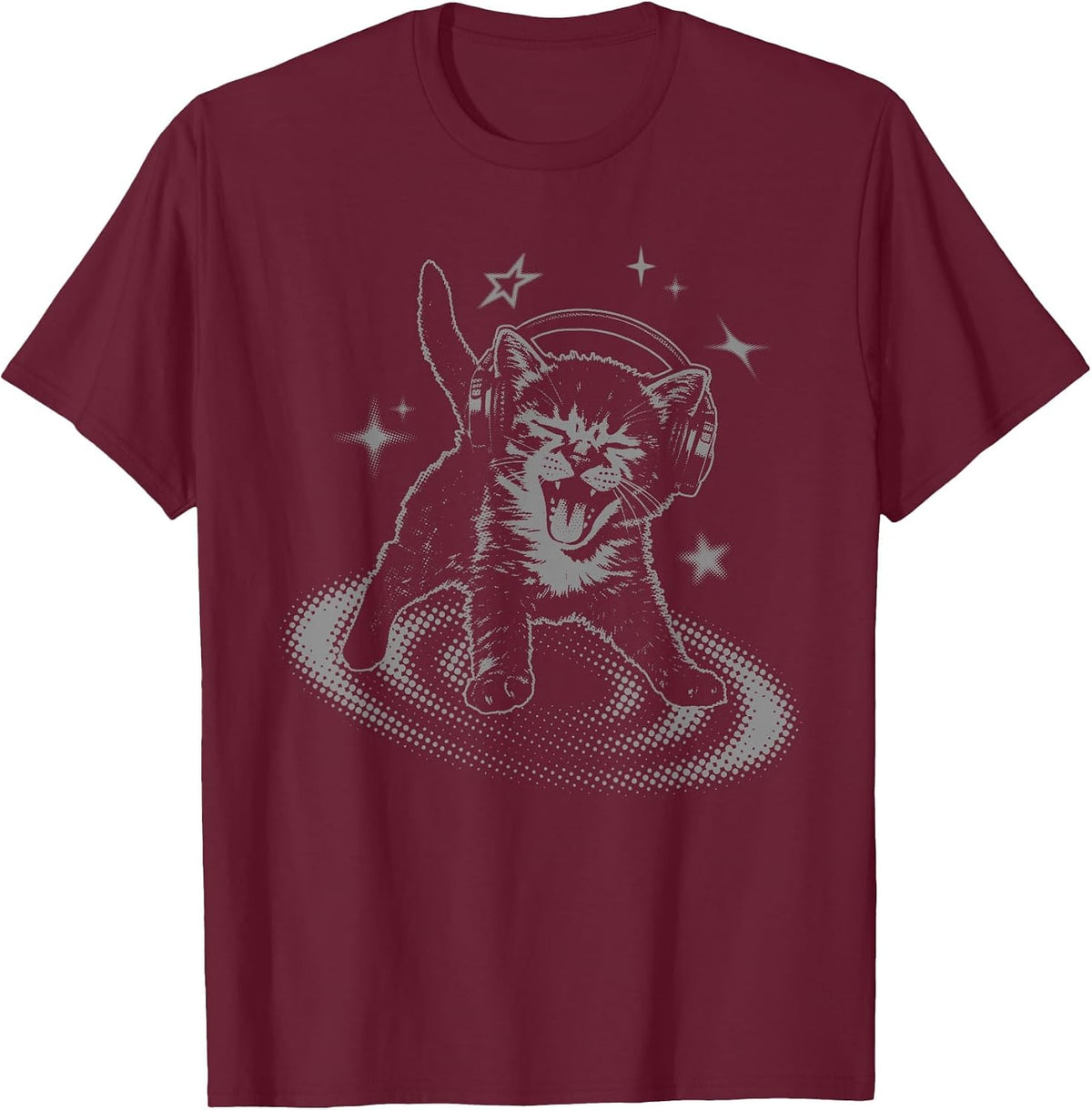 Y2K Cat Headphones Stars Silly 90s Grunge Vintage Graphic T-Shirt - Burgundy