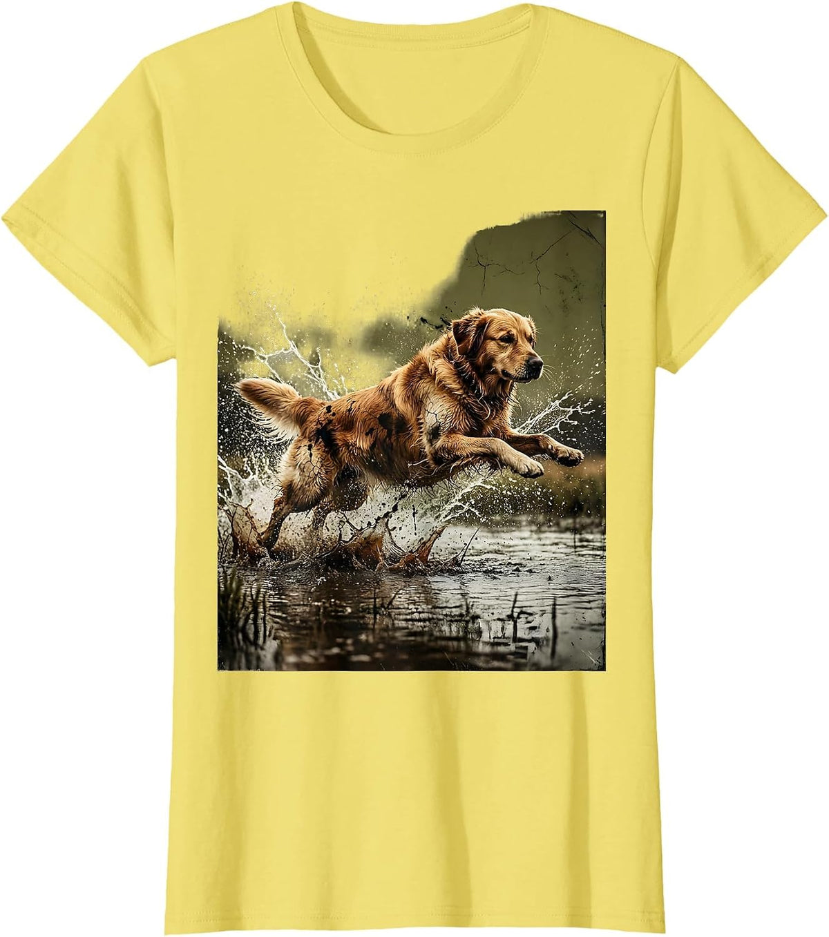 Women's Camo Duck Hunter Retriever Leaping Into Water T-Shirt - Lemon Yellow