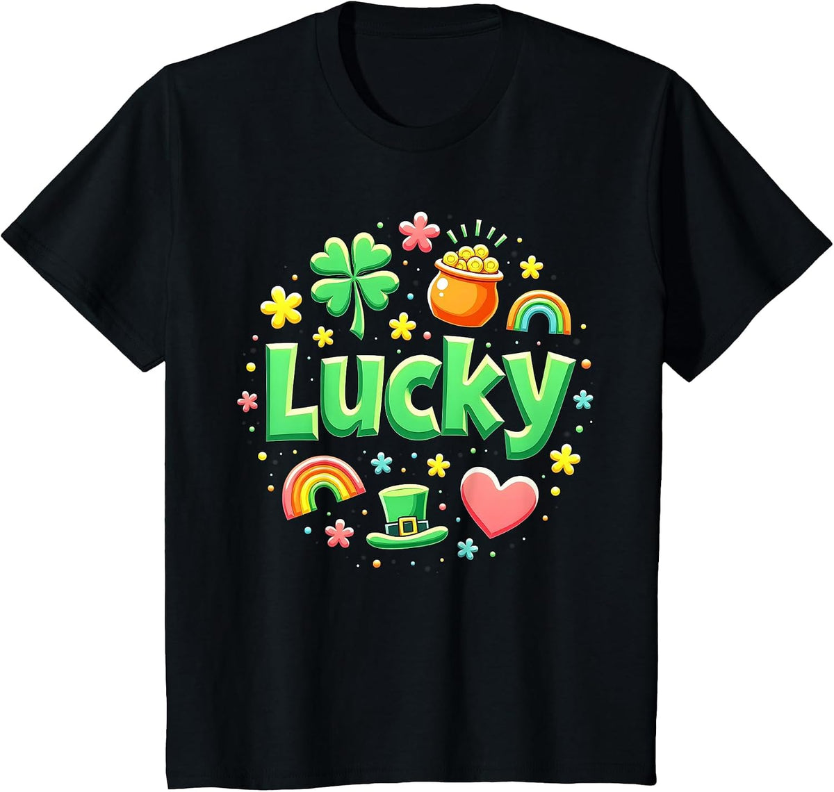Lucky Charm Patricks Day Pot of Gold Irish Shamrock Rainbow T-Shirt - Black
