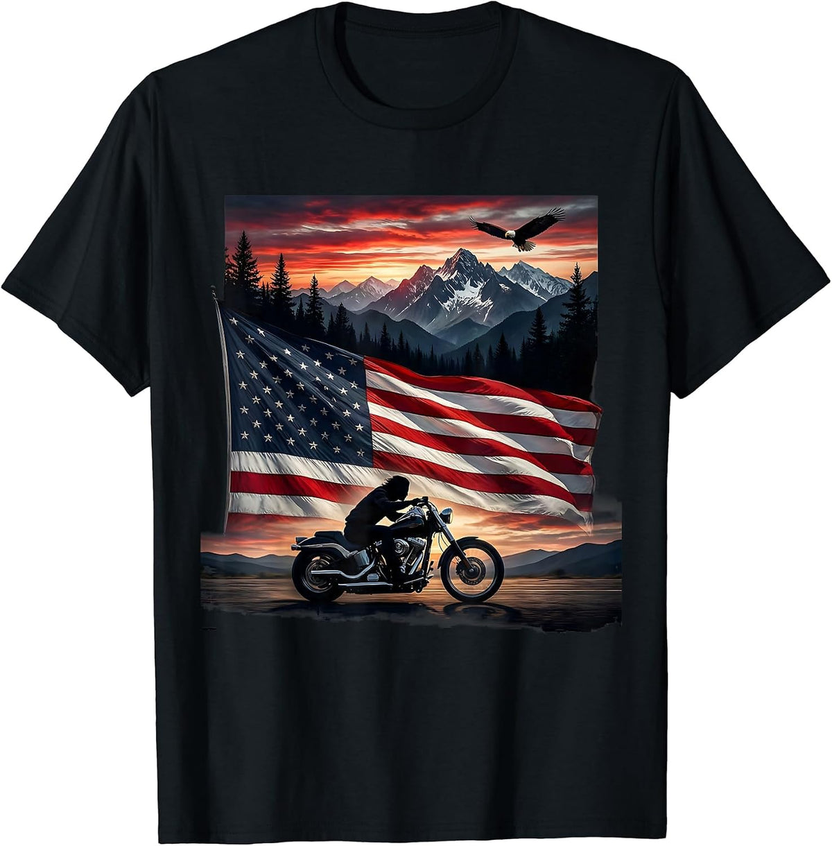 Men's American Flag Motorcycle Patriotic Graphic Tee T-Shirt - Black