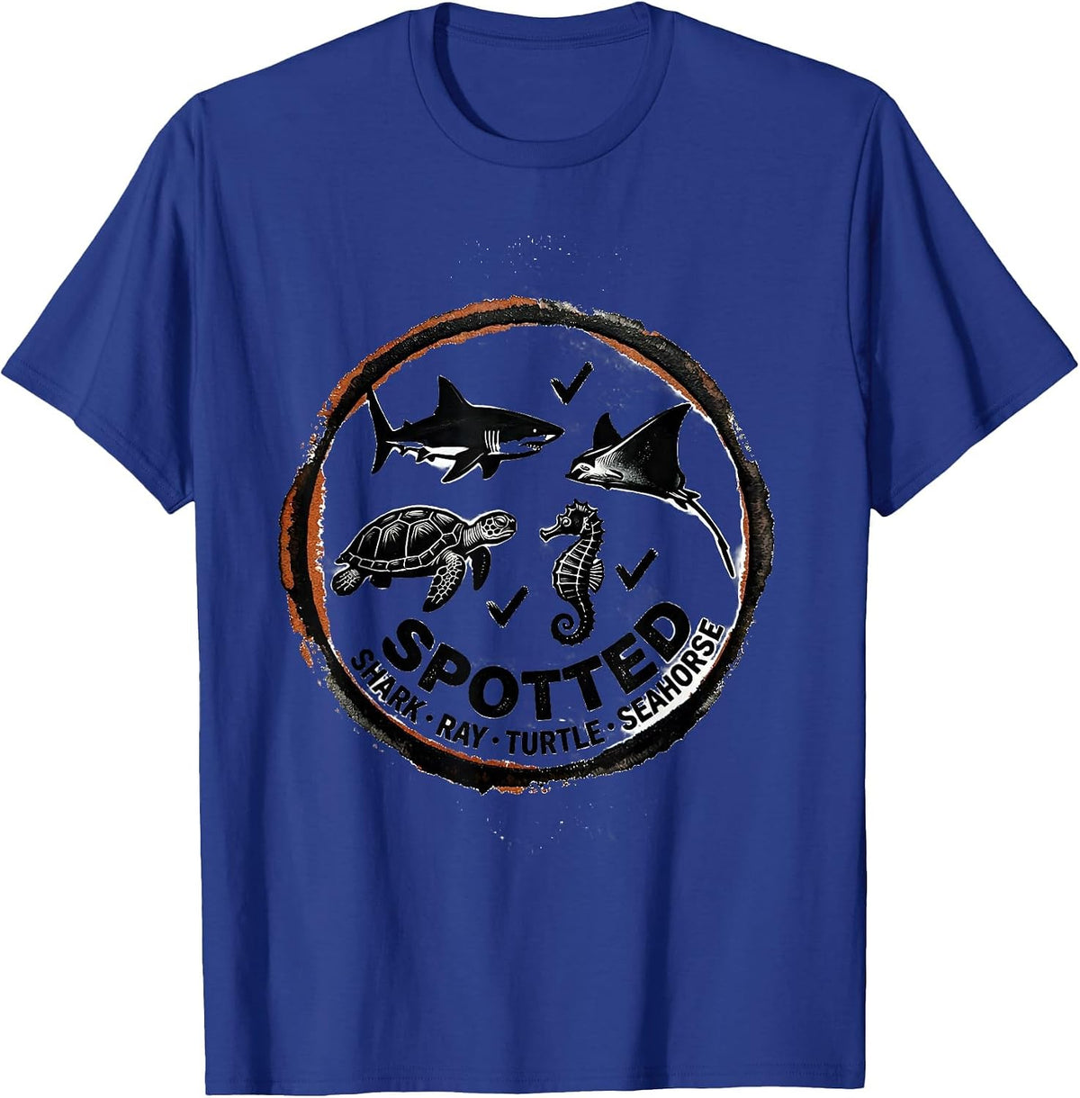 Men's Spotted: Shark, Ray, Turtle, Seahorse Vintage Rubber Stamp T-Shirt - Royal Blue