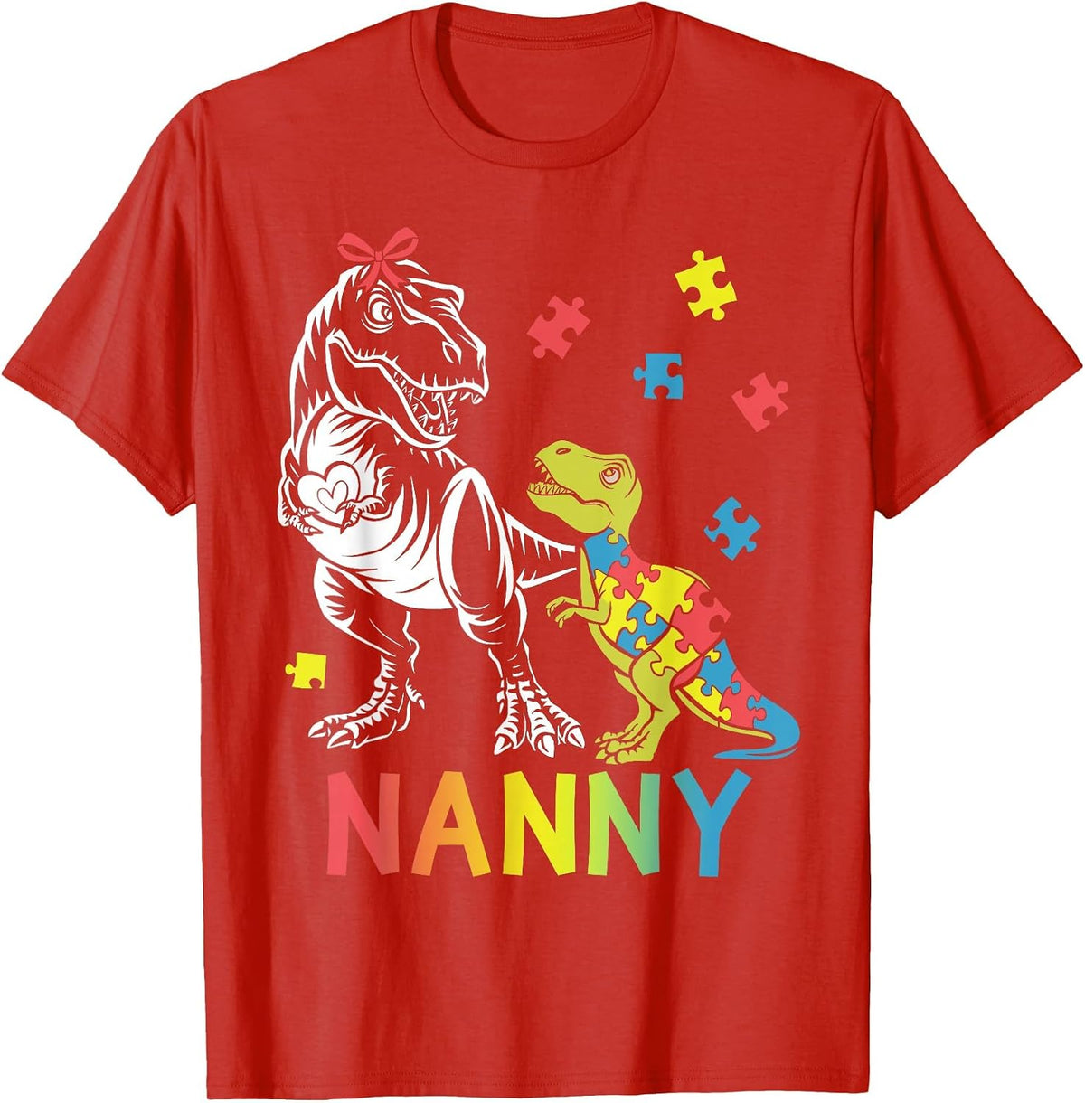 Nanny Saurus T Rex Autism Awareness Autistic Dinosaur Family T-Shirt - Red