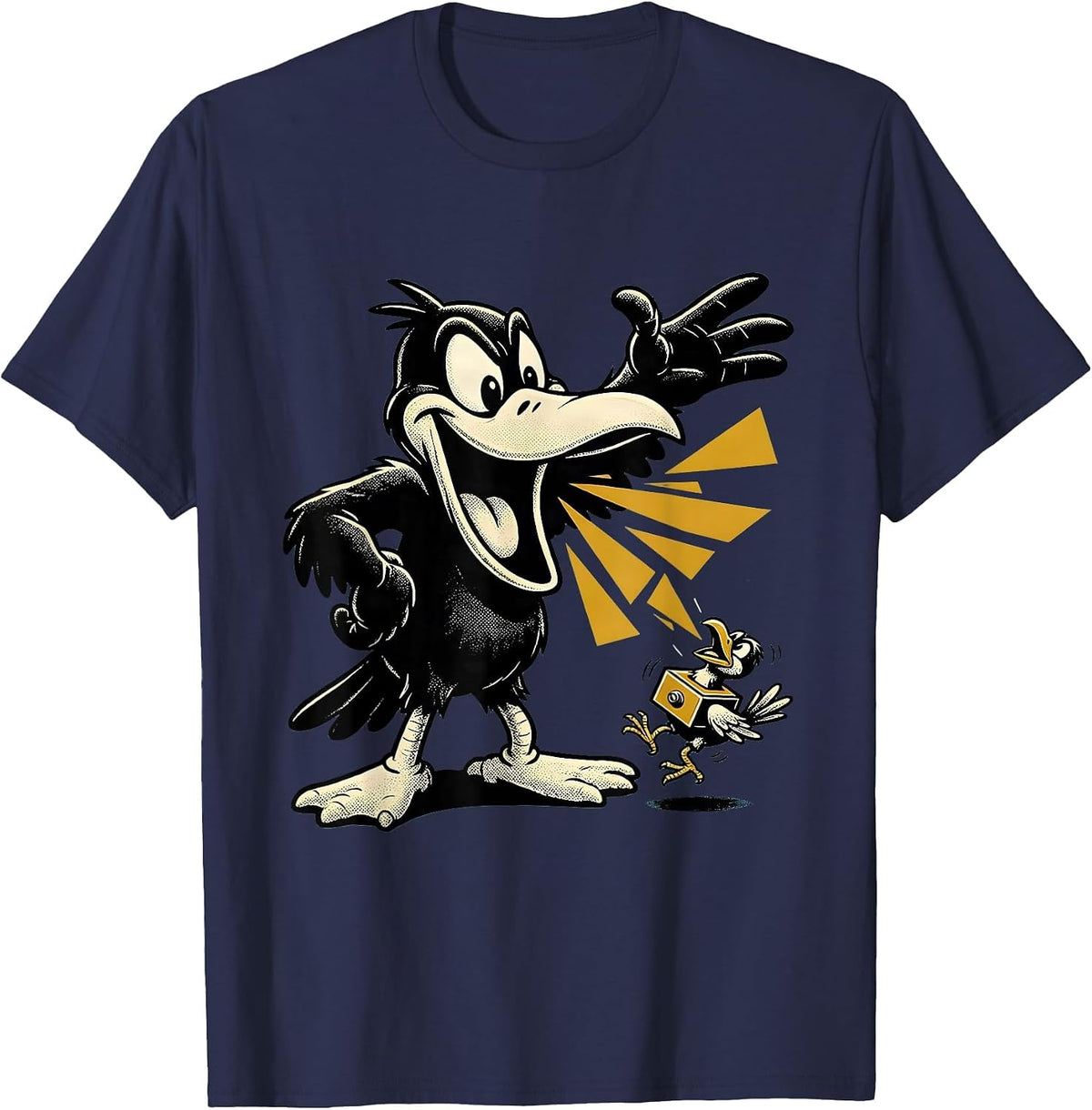 Men's Retro Cartoon Crow Bird Lover Dark Humor T-Shirt - Navy Blue