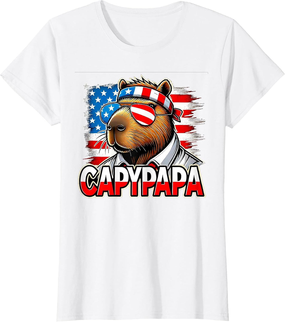 Capybara Papa - CapyPapa - 4th of July American Flag Rodent T-Shirt - White