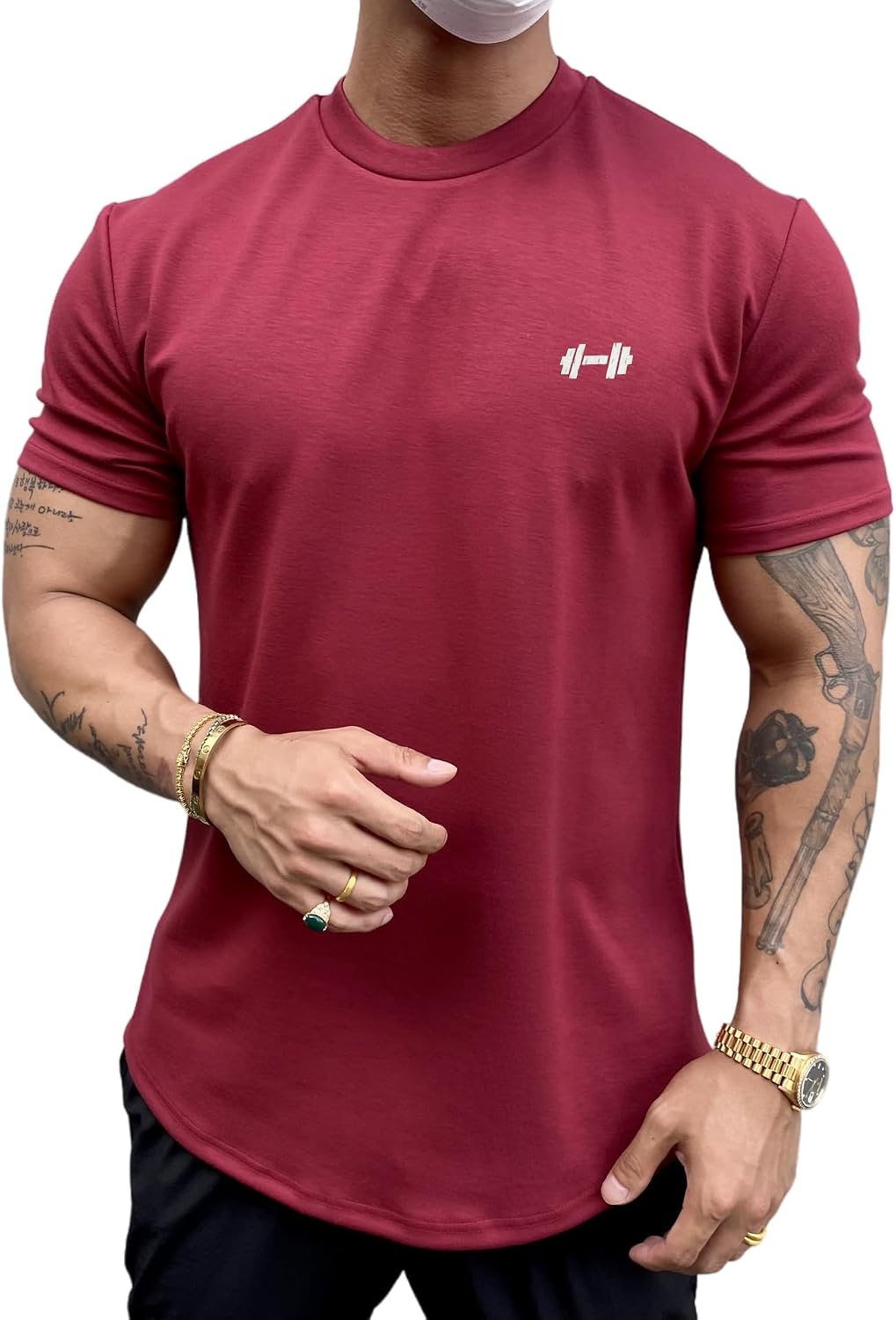 Men's Muscle Fit Longline Bodybuilding Workout Casual Fashion Short Sleeve T-Shirt - Claret (Short Sleeve)
